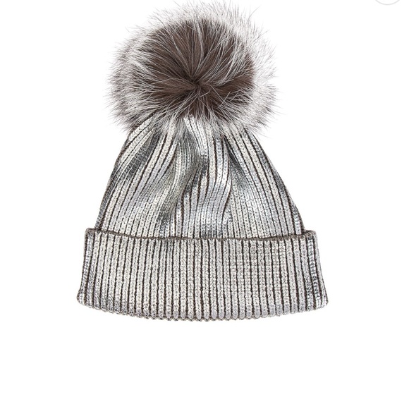 Adrienne Landau Metallic Pom Hat in Silver - Picture 2 of 6